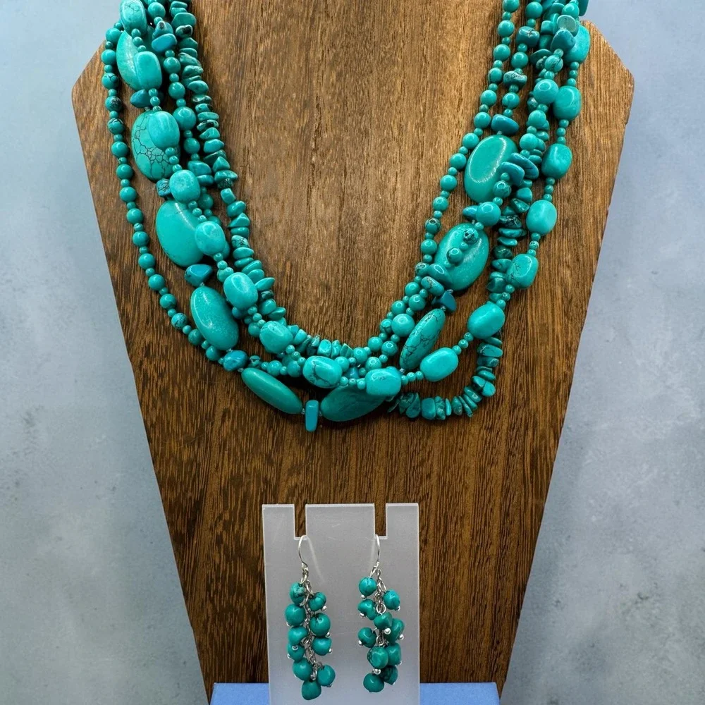 Turquoise Stone Multi Strand Statement Necklace and Dangle Earring Set Boho Vtg